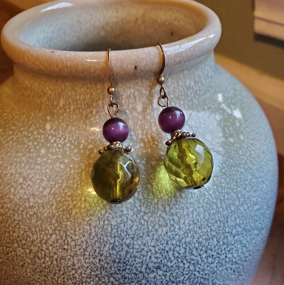 Purple and green beaded earrings